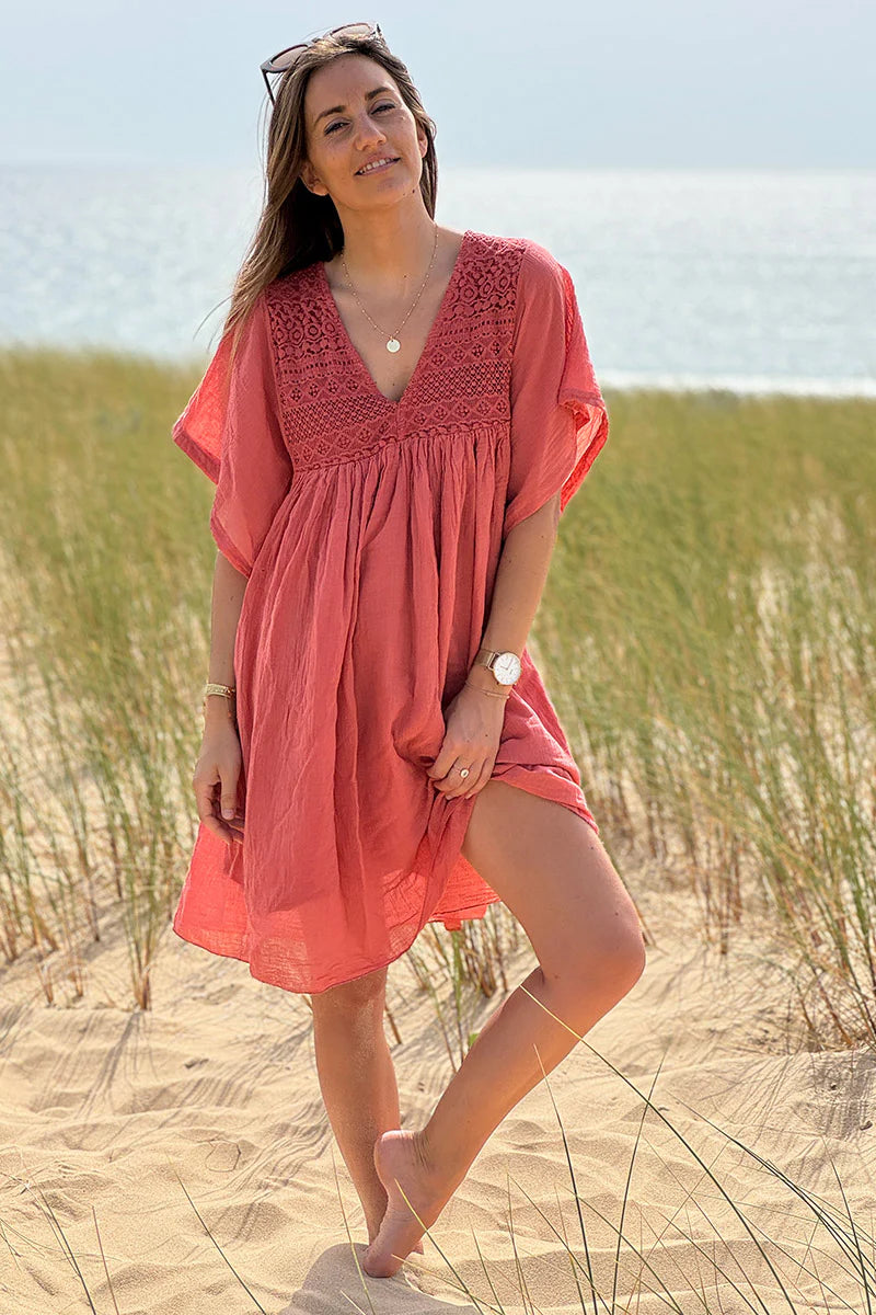 Terracotta Floaty Cotton Dress with Lace Top