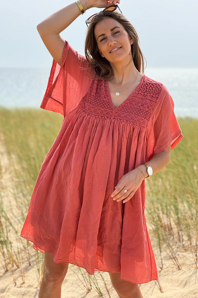 Terracotta Floaty Cotton Dress with Lace Top