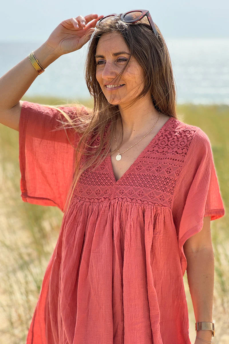 Terracotta Floaty Cotton Dress with Lace Top