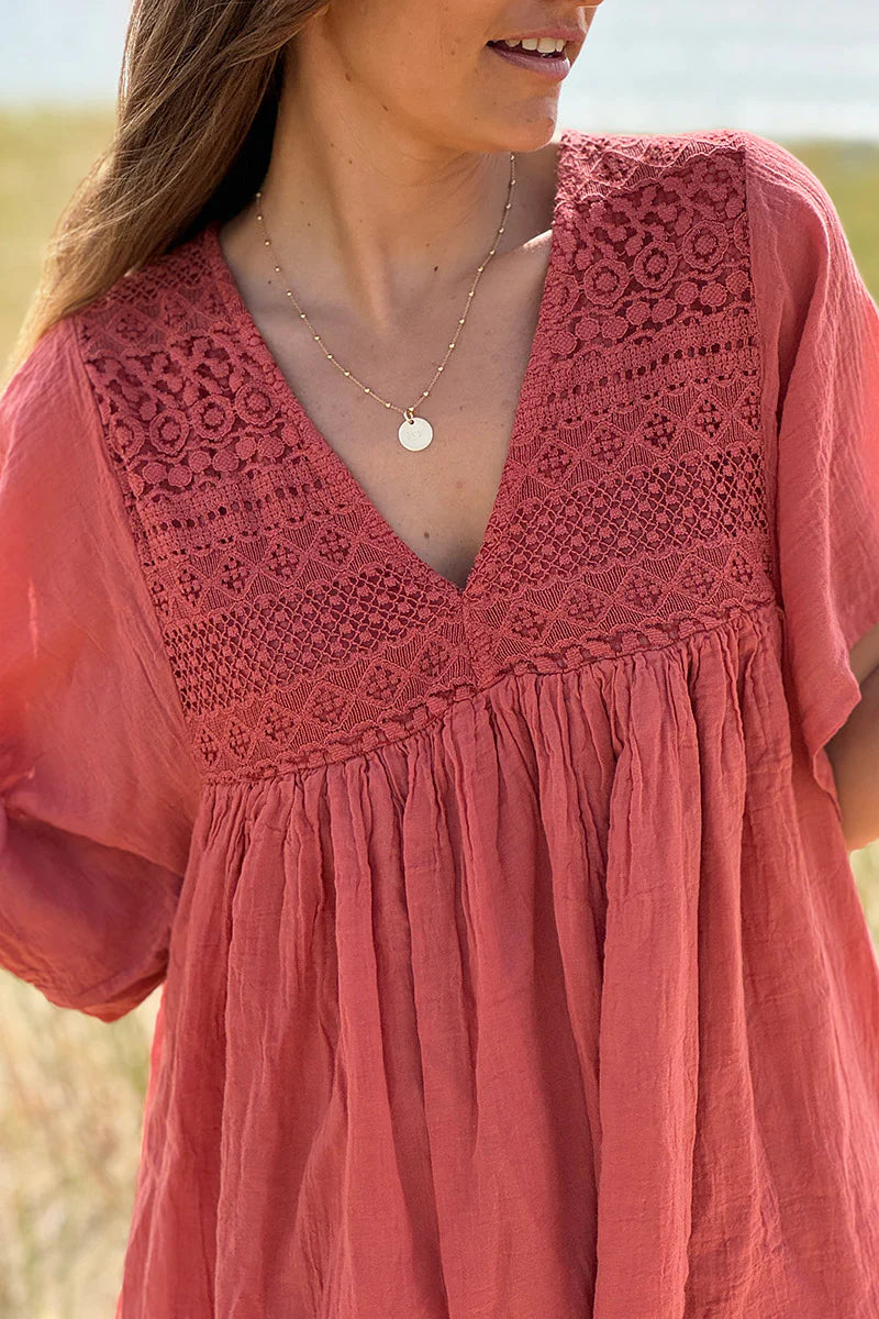 Terracotta Floaty Cotton Dress with Lace Top