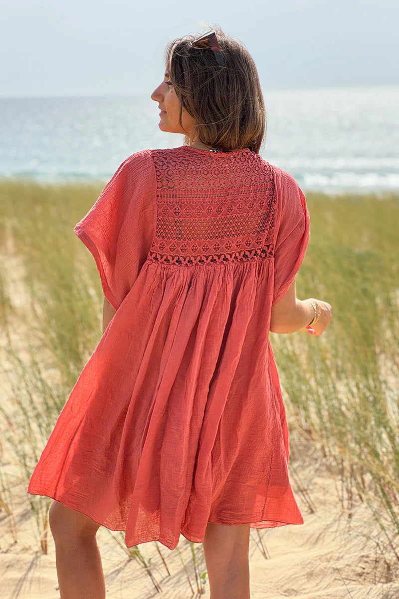 Terracotta Floaty Cotton Dress with Lace Top