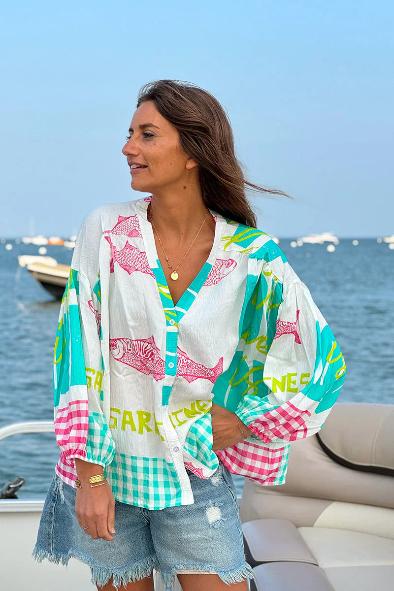 Turquoise “All We Need is Love” Button-Down Blouse