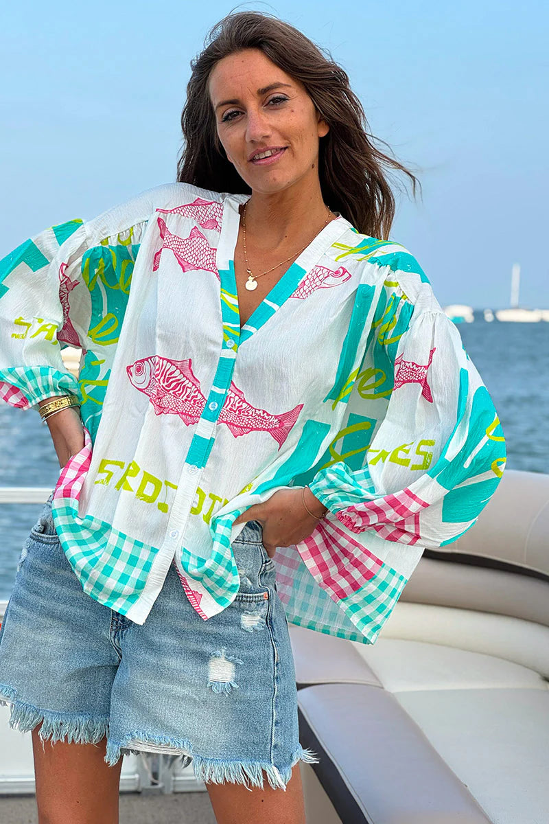 Turquoise “All We Need is Love” Button-Down Blouse