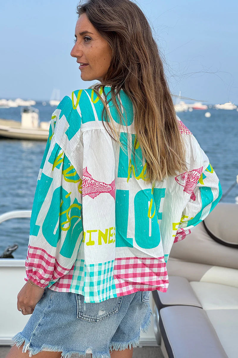 Turquoise “All We Need is Love” Button-Down Blouse