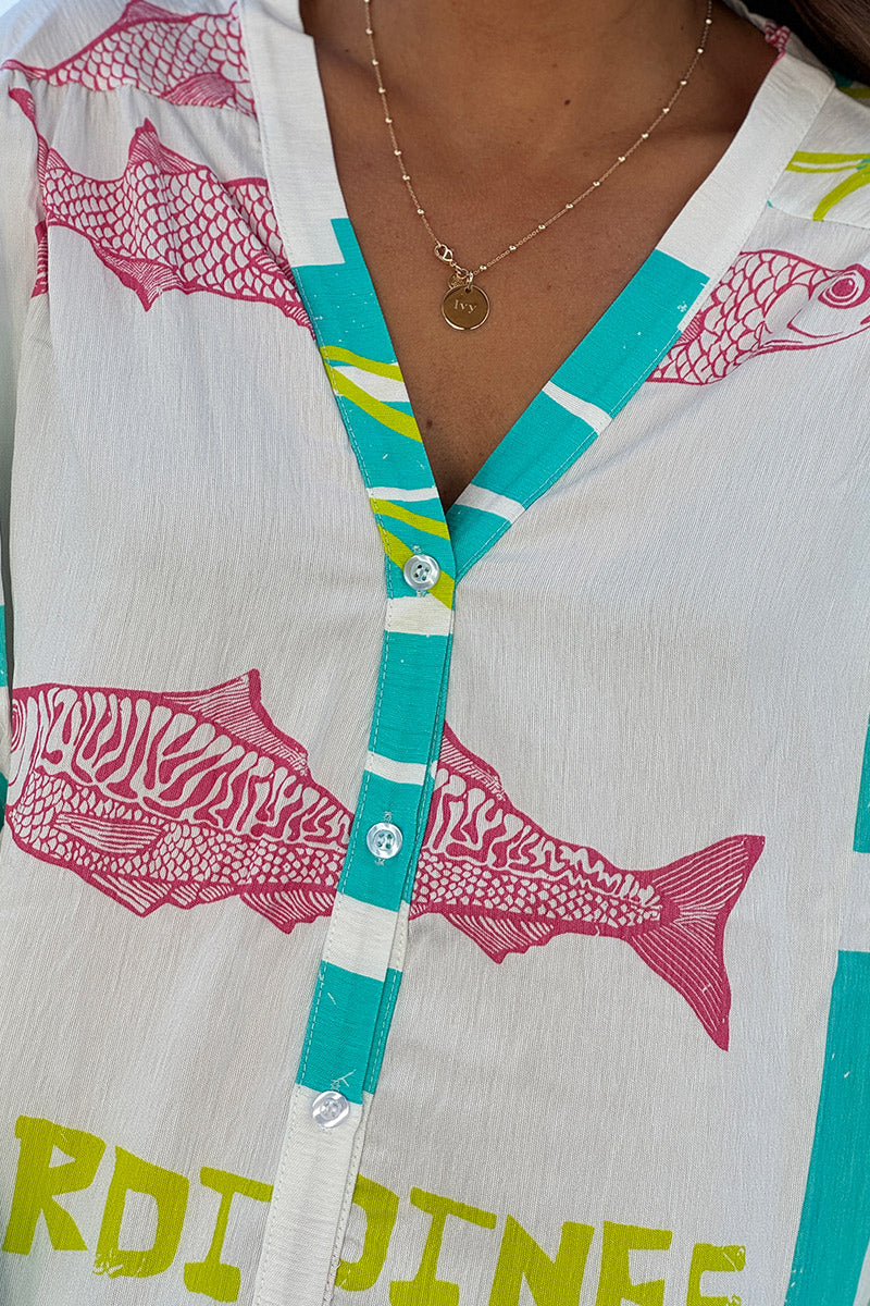 Turquoise “All We Need is Love” Button-Down Blouse