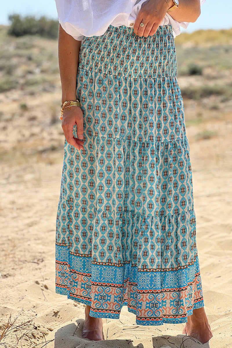 Turquoise Batik Print Boho Skirt
