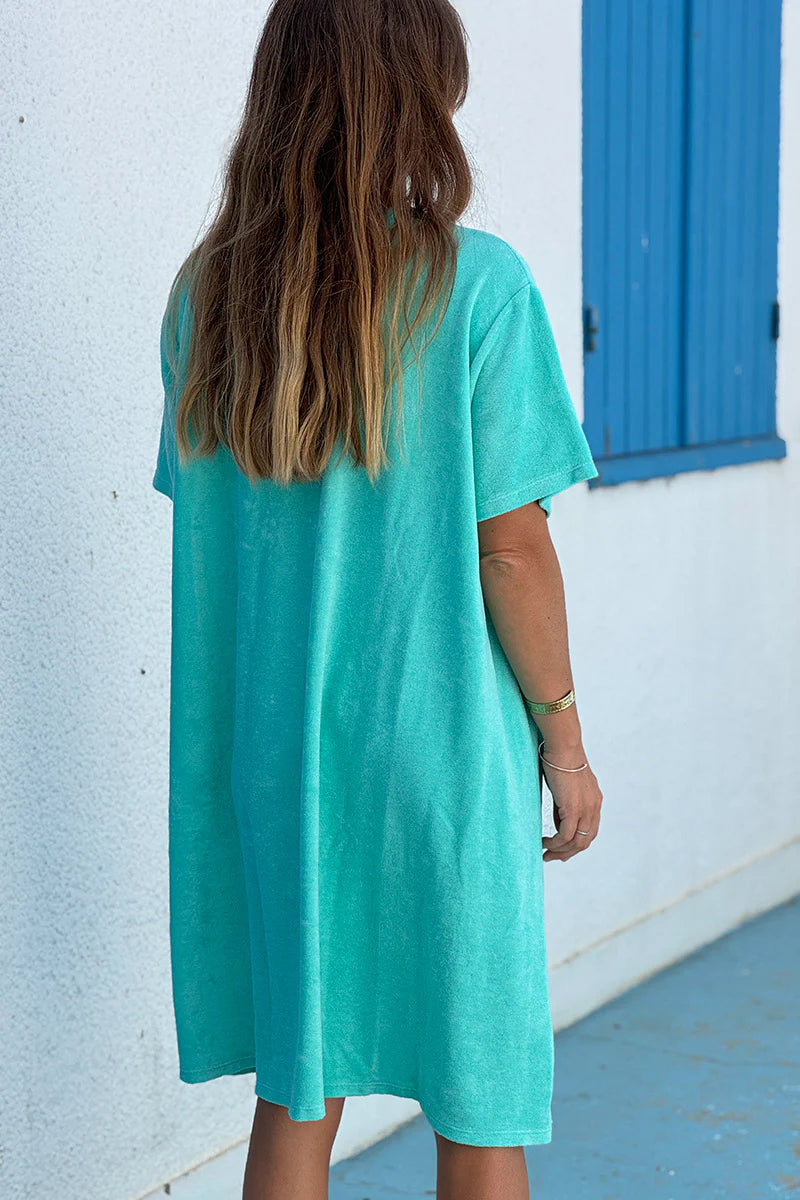 Turquoise Brushed Velour V-Neck Lounge Dress