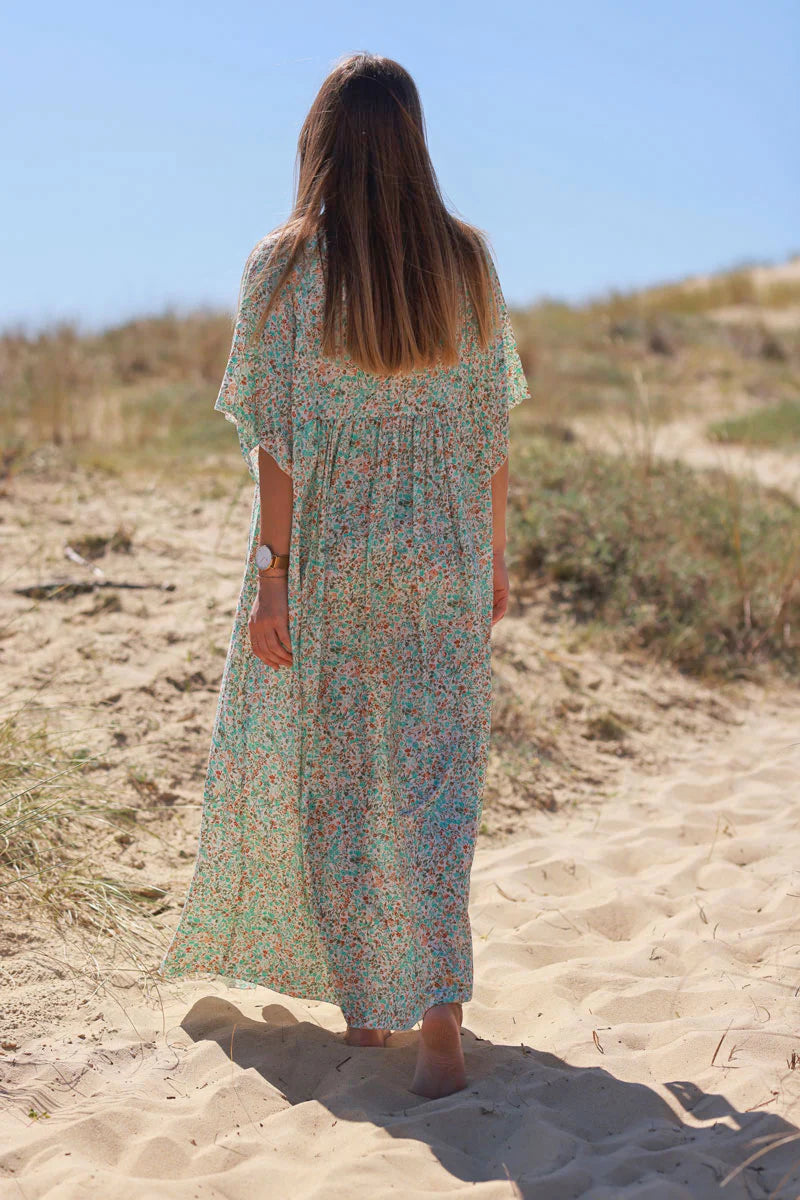 Turquoise Ditsy Floral V-Neck Butterfly Sleeve Maxi Dress