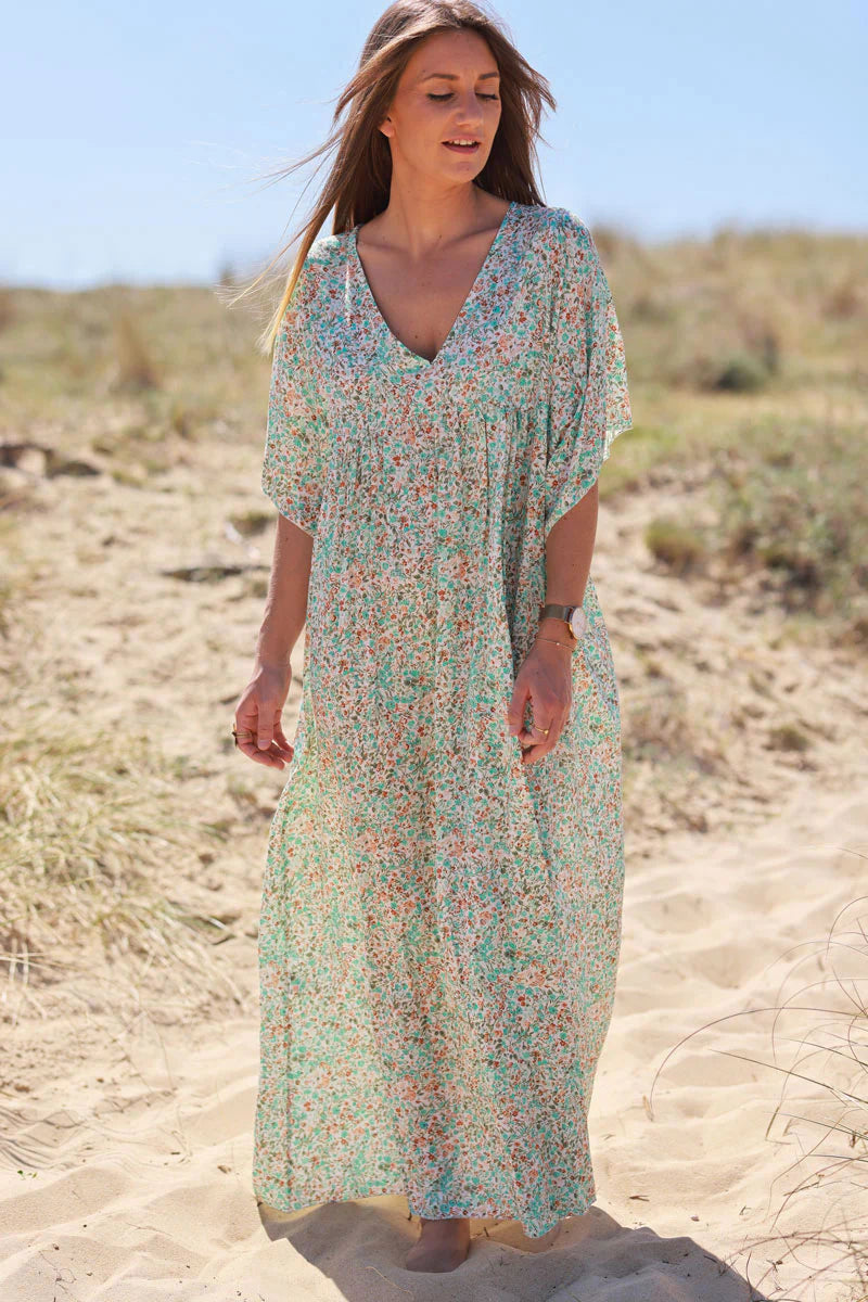 Turquoise Ditsy Floral V-Neck Butterfly Sleeve Maxi Dress