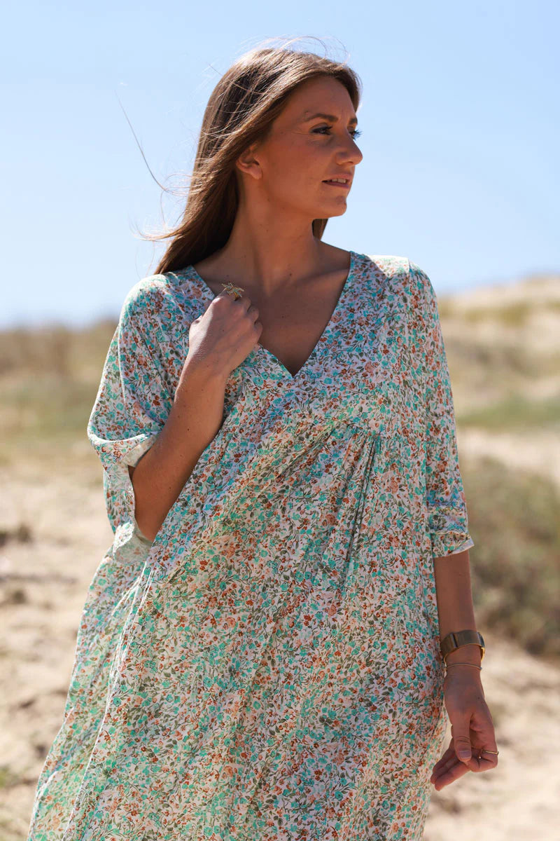Turquoise Ditsy Floral V-Neck Butterfly Sleeve Maxi Dress