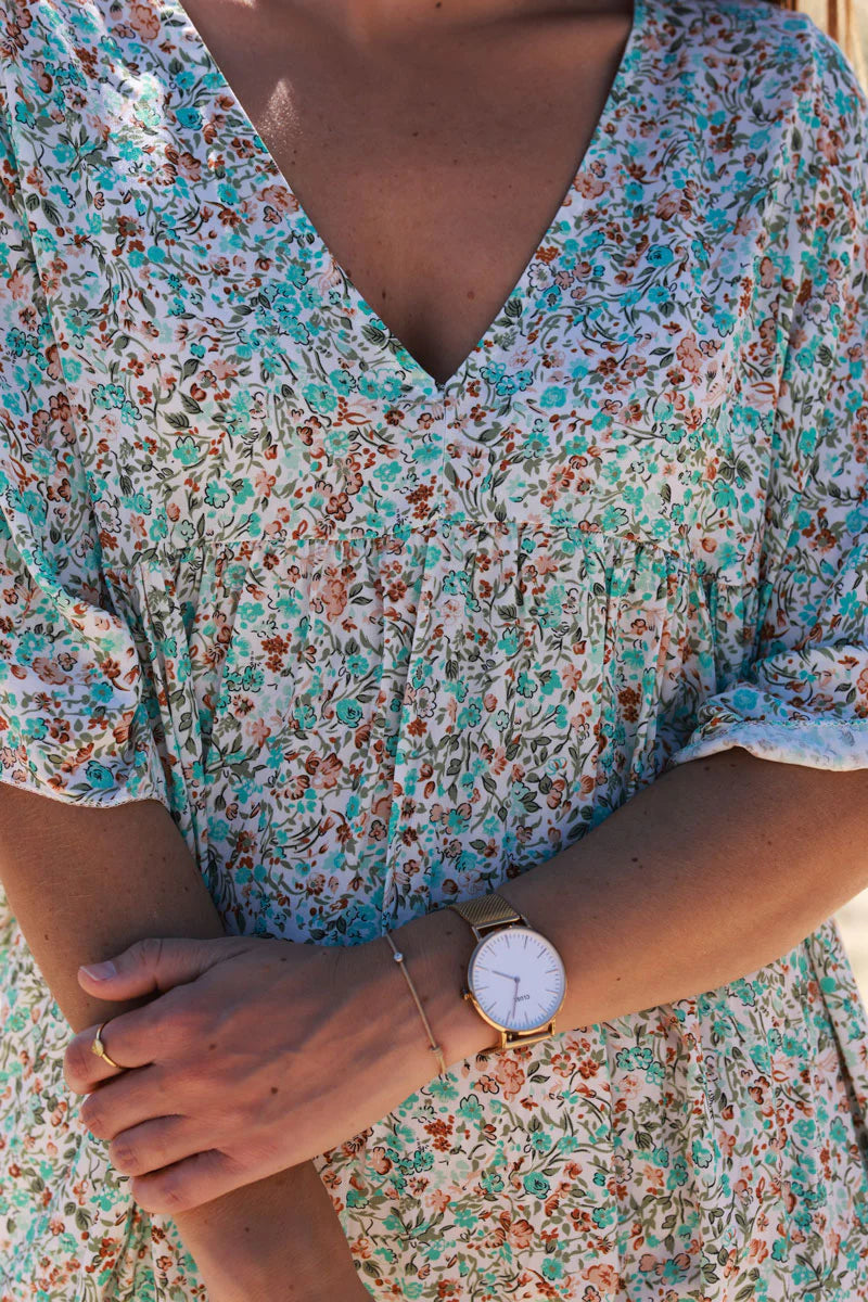 Turquoise Ditsy Floral V-Neck Butterfly Sleeve Maxi Dress