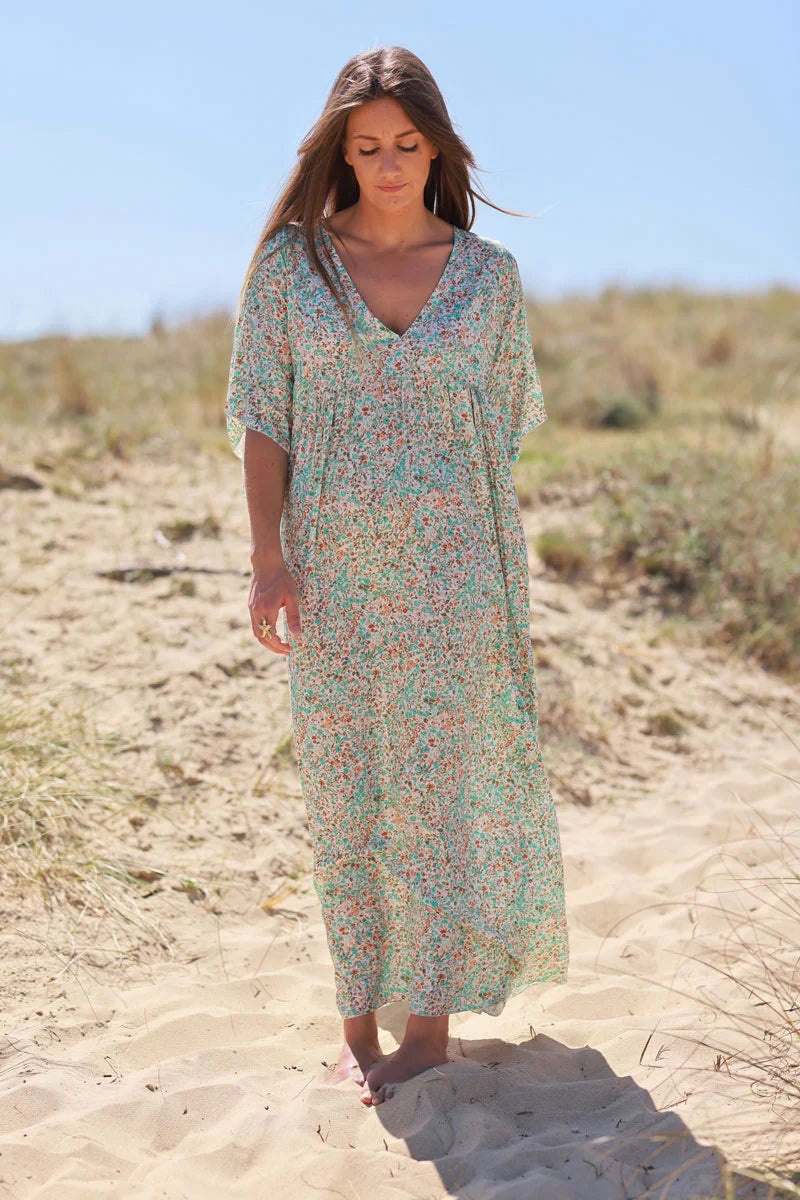 Turquoise Ditsy Floral V-Neck Butterfly Sleeve Maxi Dress
