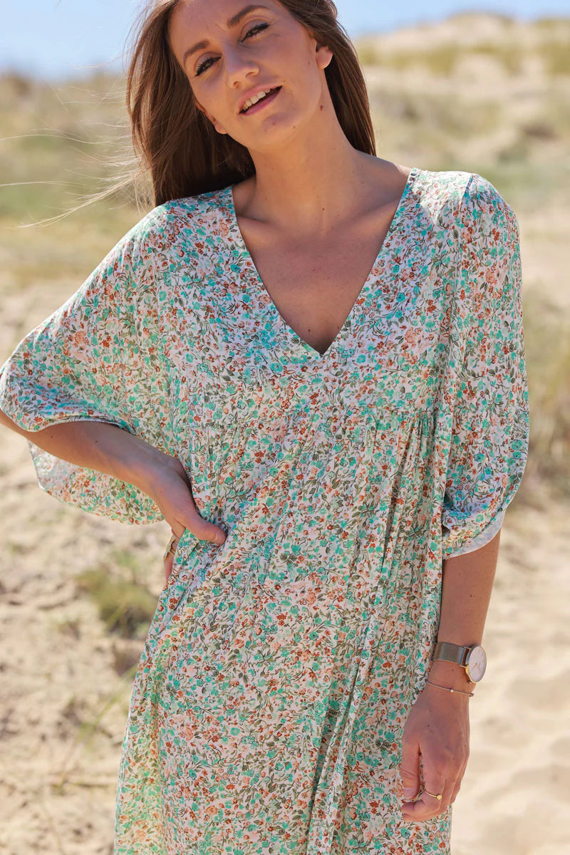 Turquoise Ditsy Floral V-Neck Butterfly Sleeve Maxi Dress