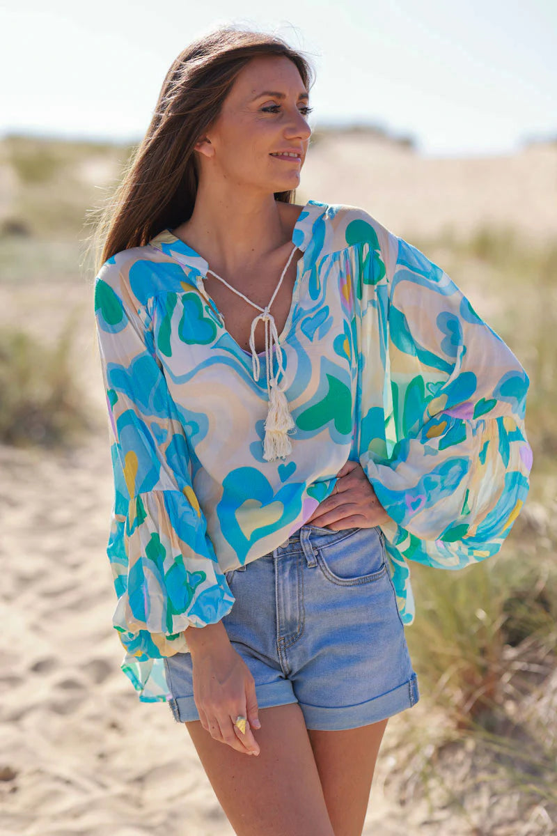 Turquoise Heart Swirl Bell Sleeve Tunic