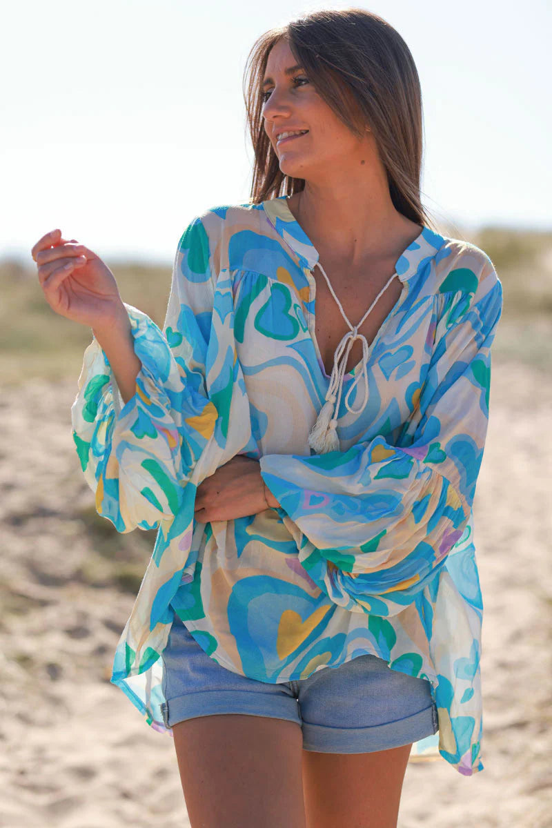 Turquoise Heart Swirl Bell Sleeve Tunic