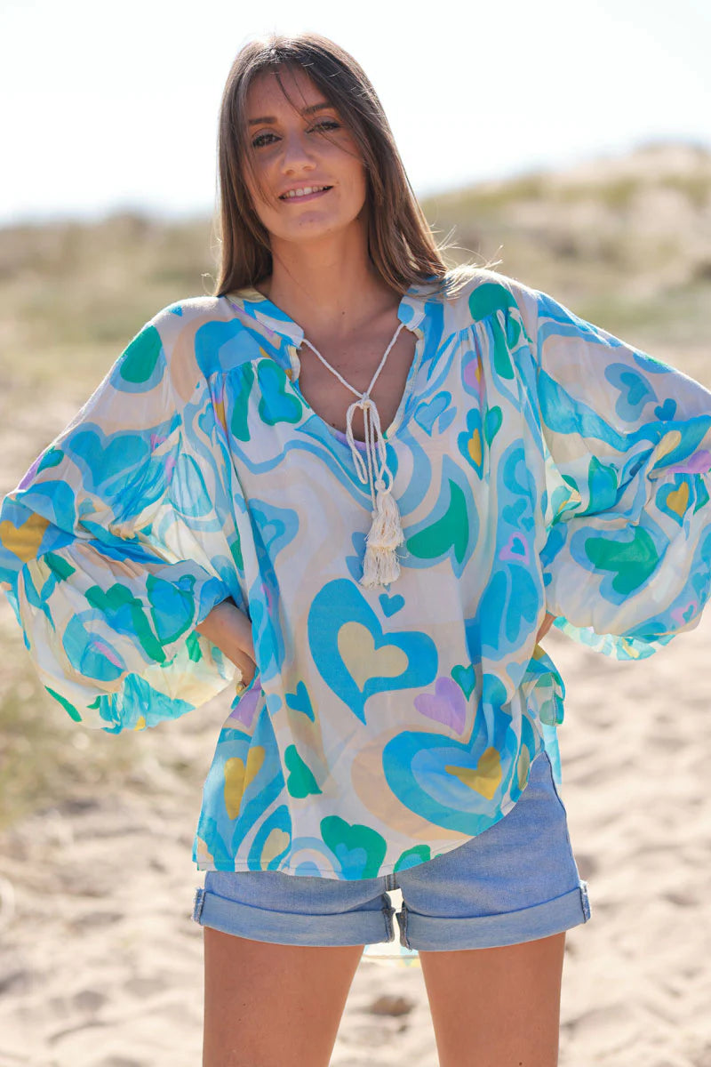 Turquoise Heart Swirl Bell Sleeve Tunic