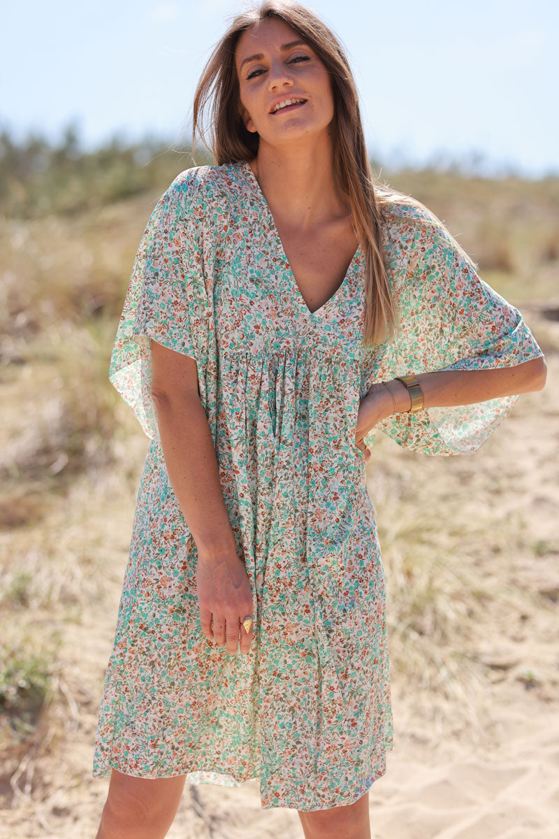 Turquoise Liberty Print Flowing Smock Dress Jeanne