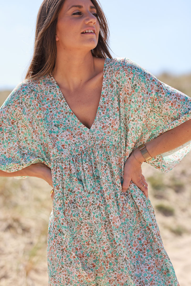 Turquoise Liberty Print Flowing Smock Dress Jeanne