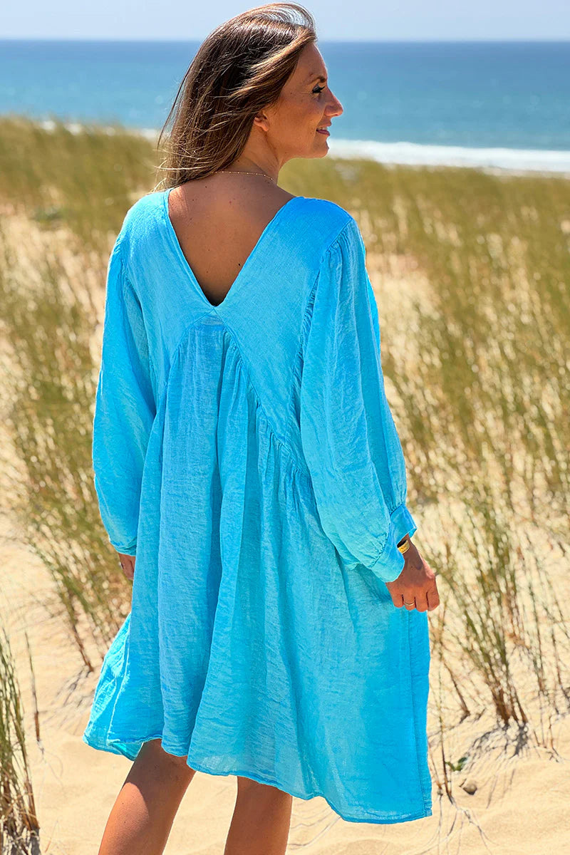 Turquoise Linen Babydoll Dress