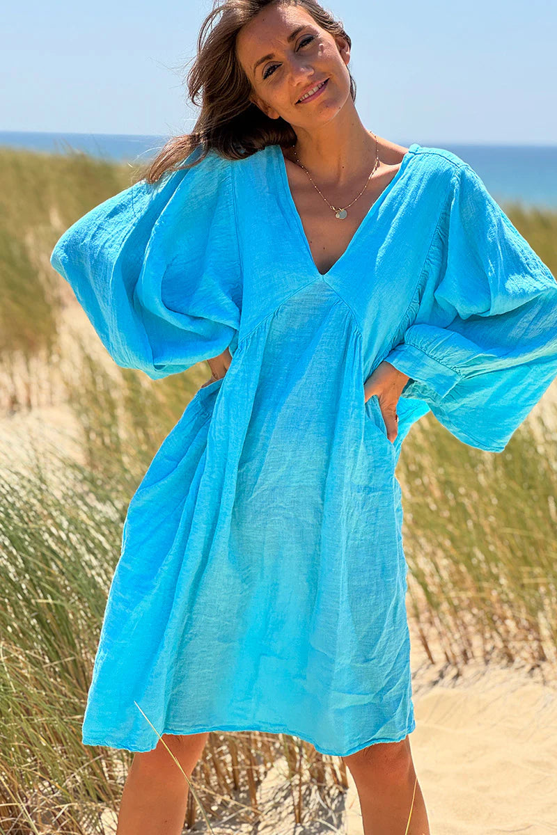Turquoise Linen Babydoll Dress