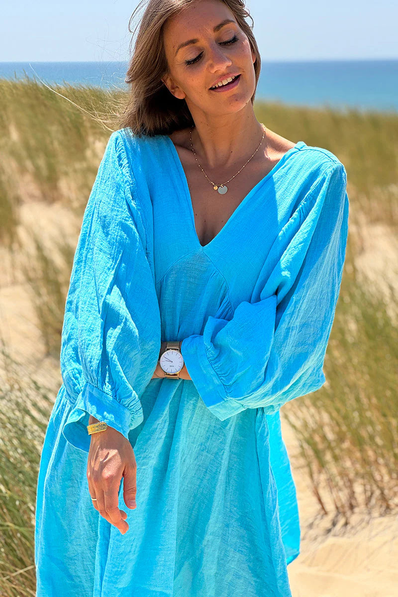 Turquoise Linen Babydoll Dress