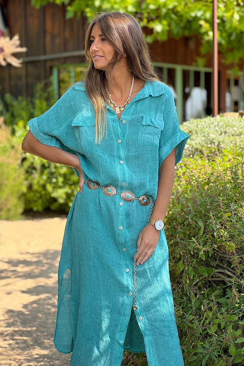 Turquoise Linen Beach Maxi Dress