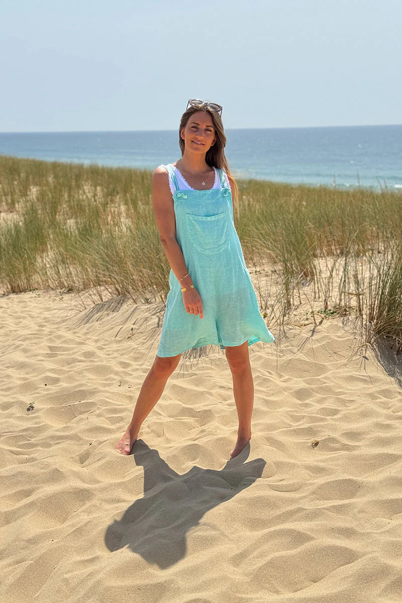 Turquoise Linen Romper Overalls