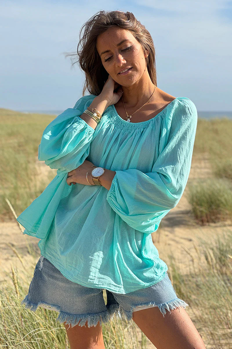 Turquoise Shirred Cotton Peasant Blouse