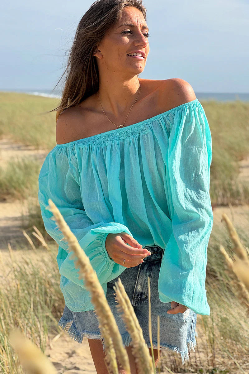 Turquoise Shirred Cotton Peasant Blouse