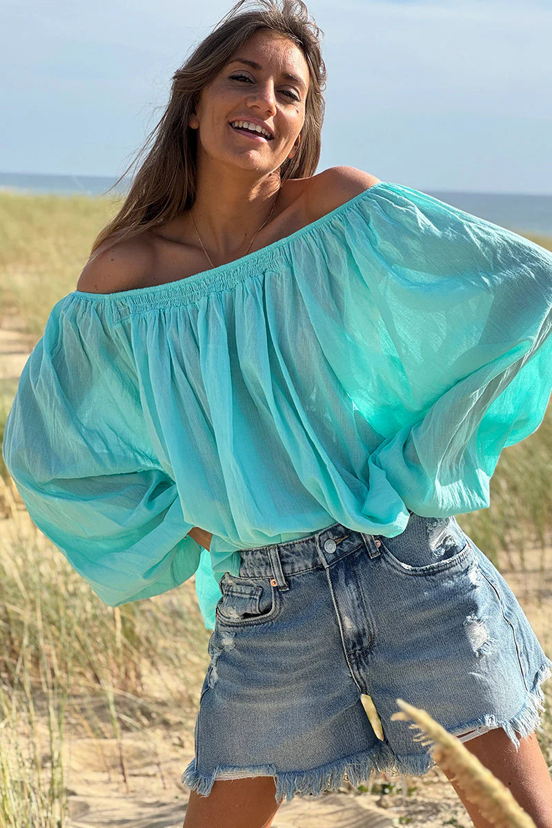 Turquoise Shirred Cotton Peasant Blouse