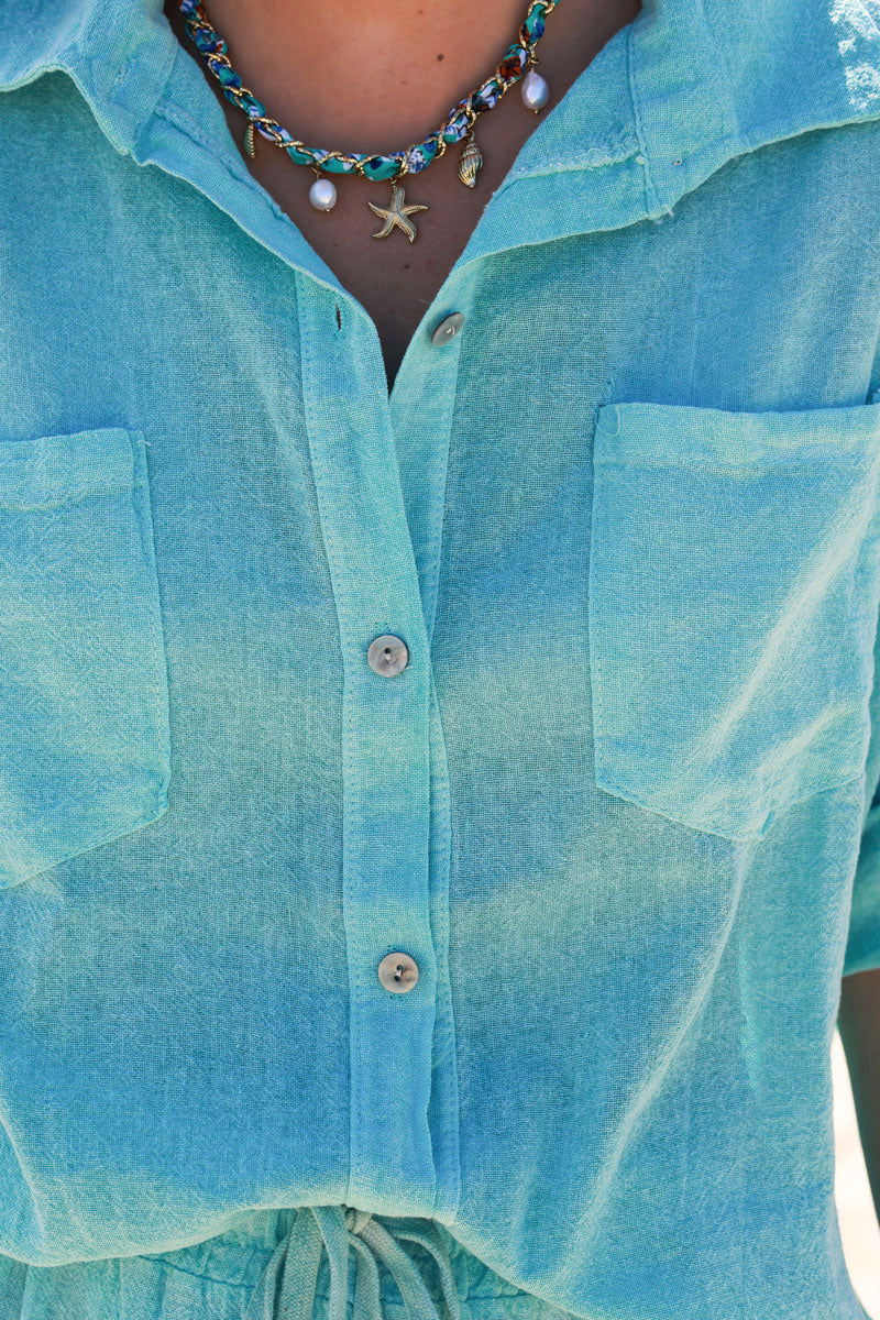 Turquoise Soft Cotton Blouse with 3/4 sleeves and large Pockets