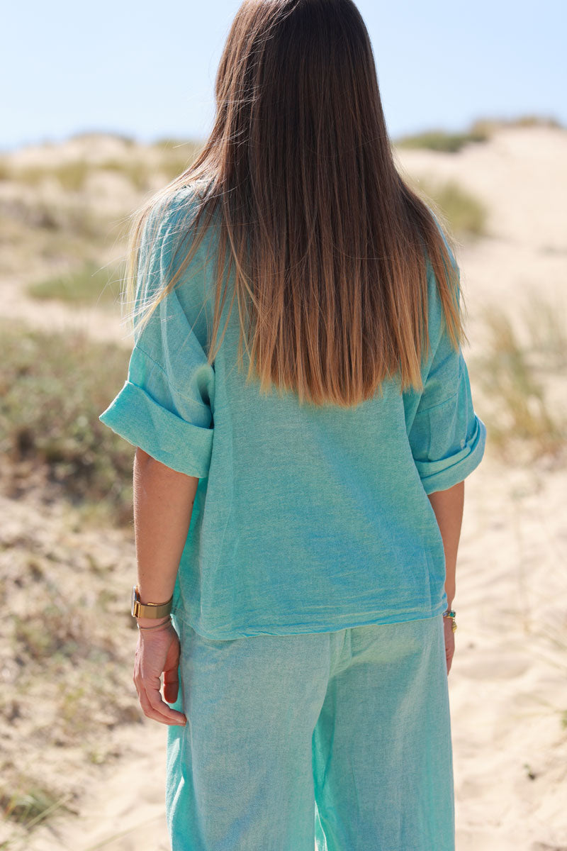 Turquoise Soft Cotton Blouse with 3/4 sleeves and large Pockets