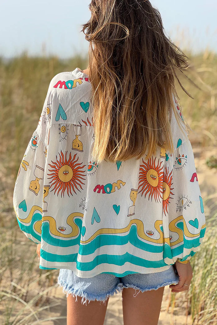 Turquoise Stripe Mystical Eye Boho Blouse