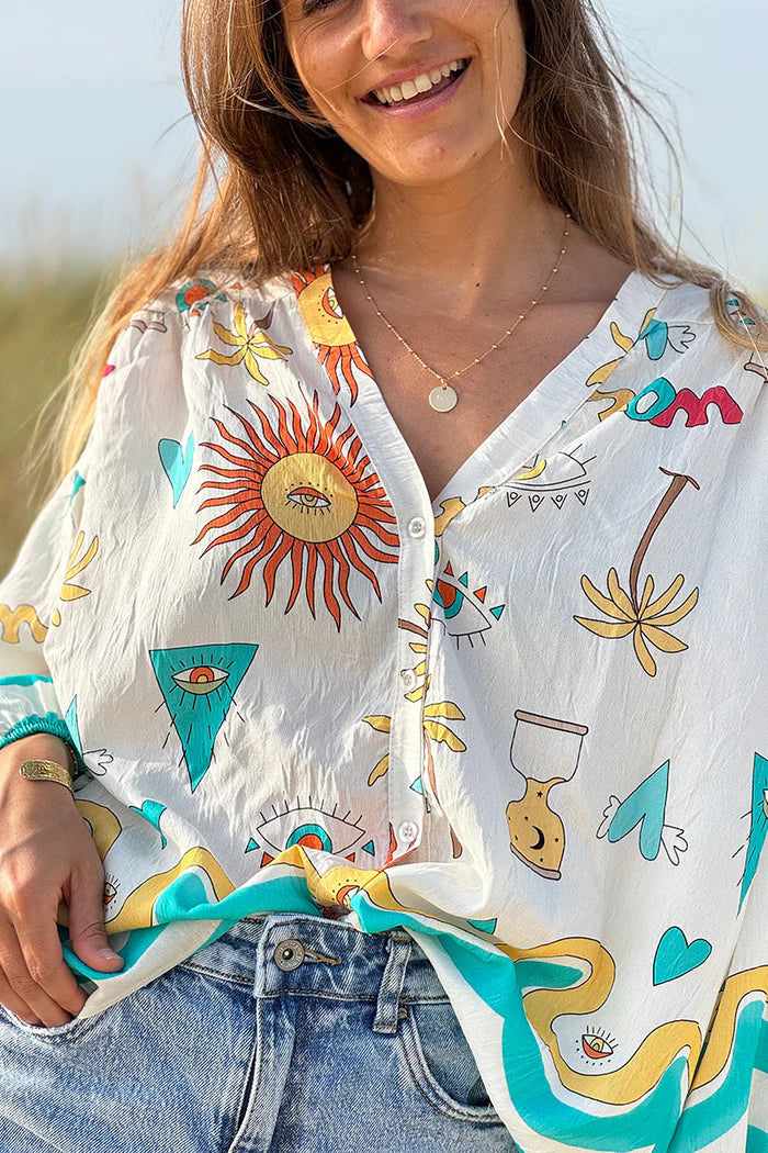 Turquoise Stripe Mystical Eye Boho Blouse