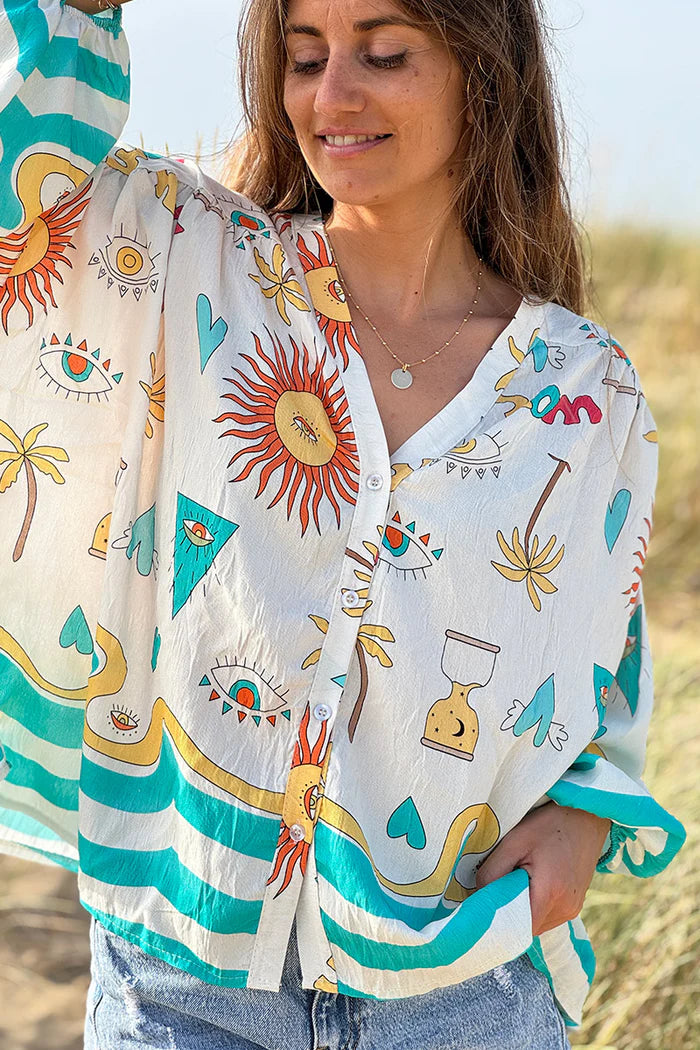 Turquoise Stripe Mystical Eye Boho Blouse