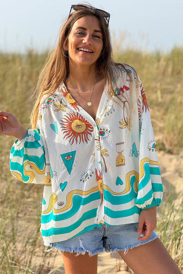 Turquoise Stripe Mystical Eye Boho Blouse