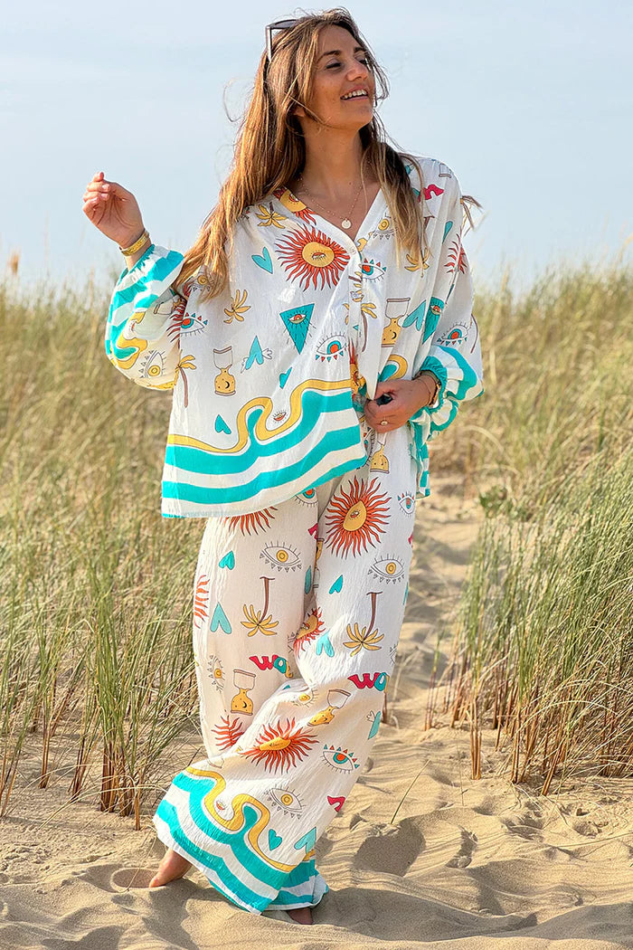 Turquoise Stripe Mystical Eye Boho Blouse