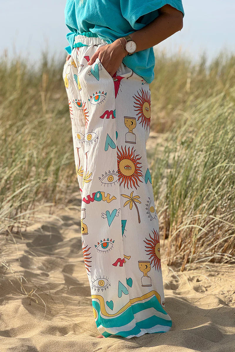 Turquoise Stripe Mystical Eye Boho Pull-On Pants