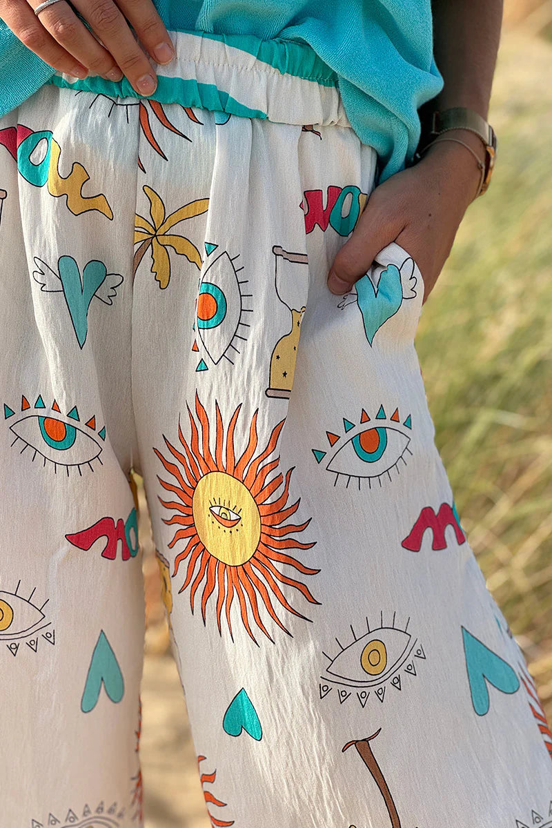Turquoise Stripe Mystical Eye Boho Pull-On Pants