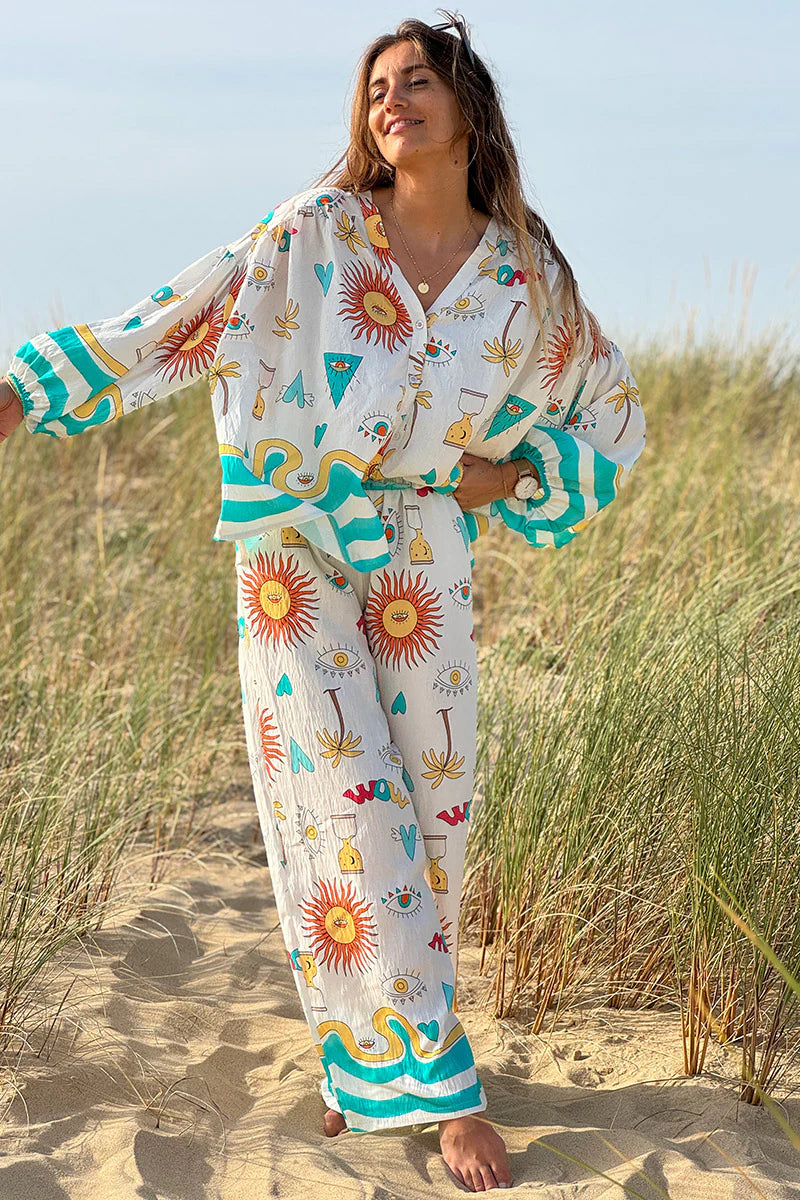 Turquoise Stripe Mystical Eye Boho Pull-On Pants