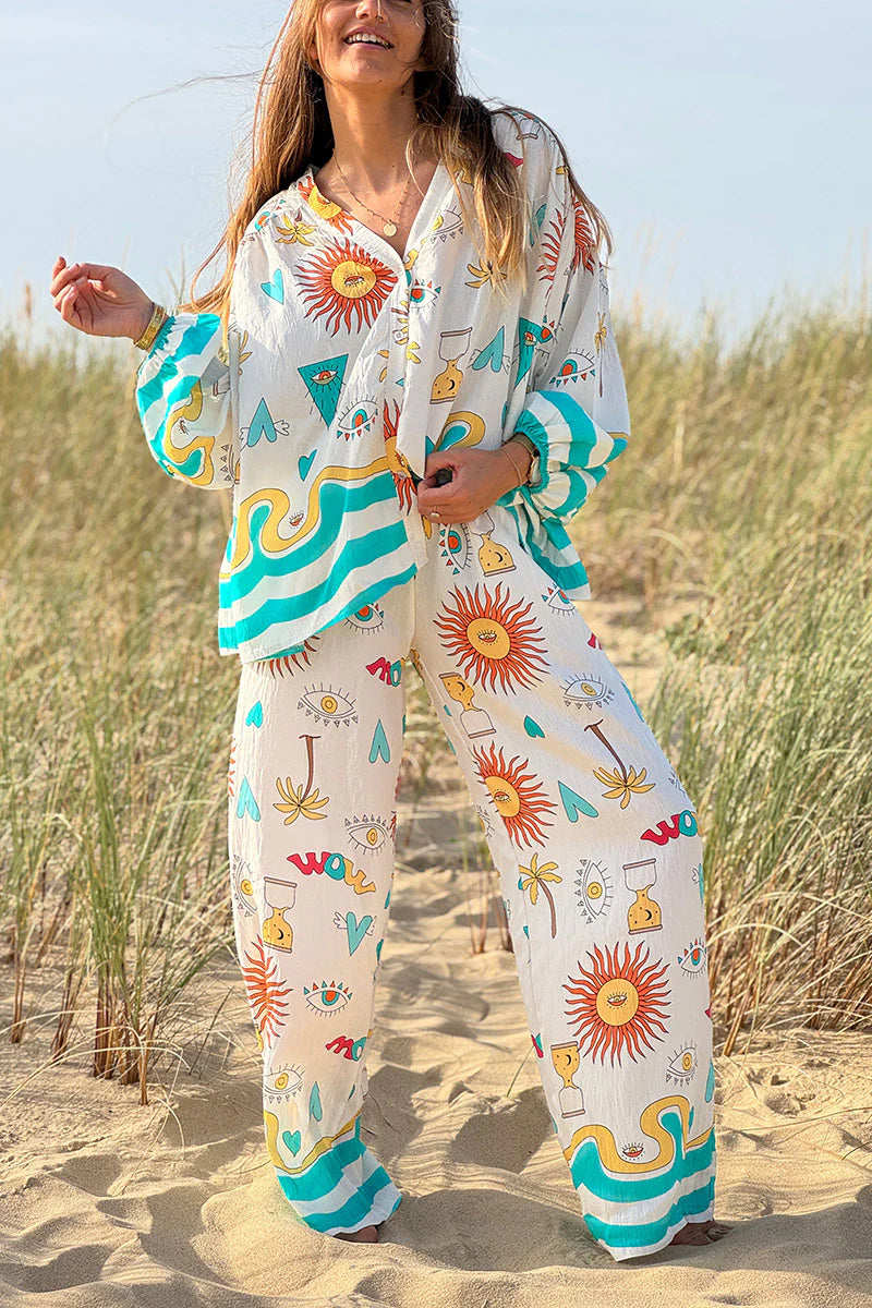 Turquoise Stripe Mystical Eye Boho Pull-On Pants