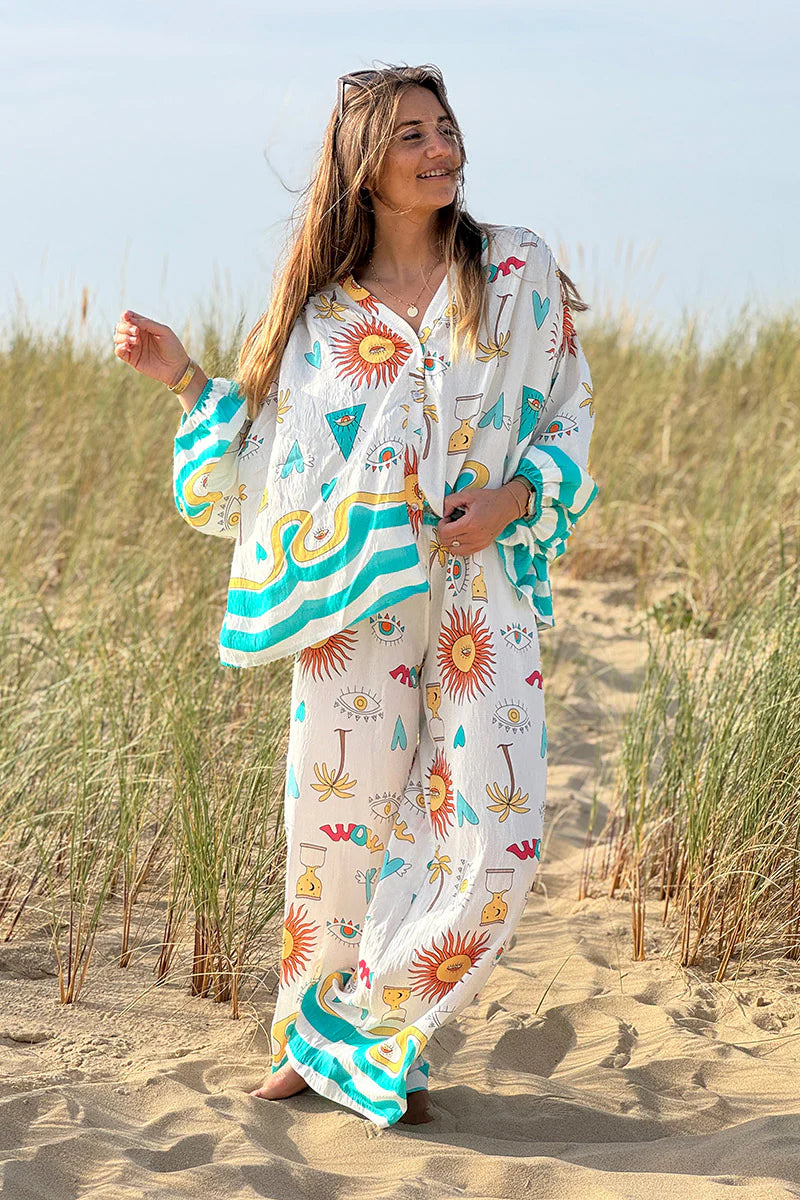 Turquoise Stripe Mystical Eye Boho Pull-On Pants
