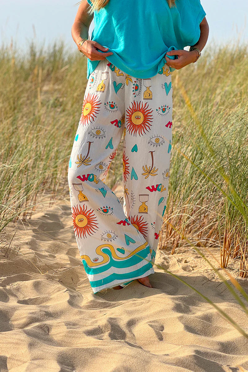 Turquoise Stripe Mystical Eye Boho Pull-On Pants
