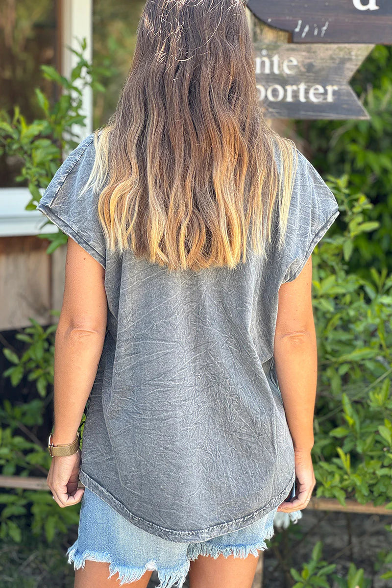 Washed Gray “Amore Mio” Slouchy V-Neck Tee