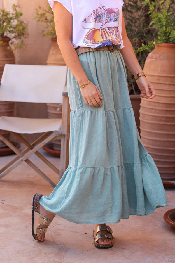 Water green brushed cotton maxi skirt with belt