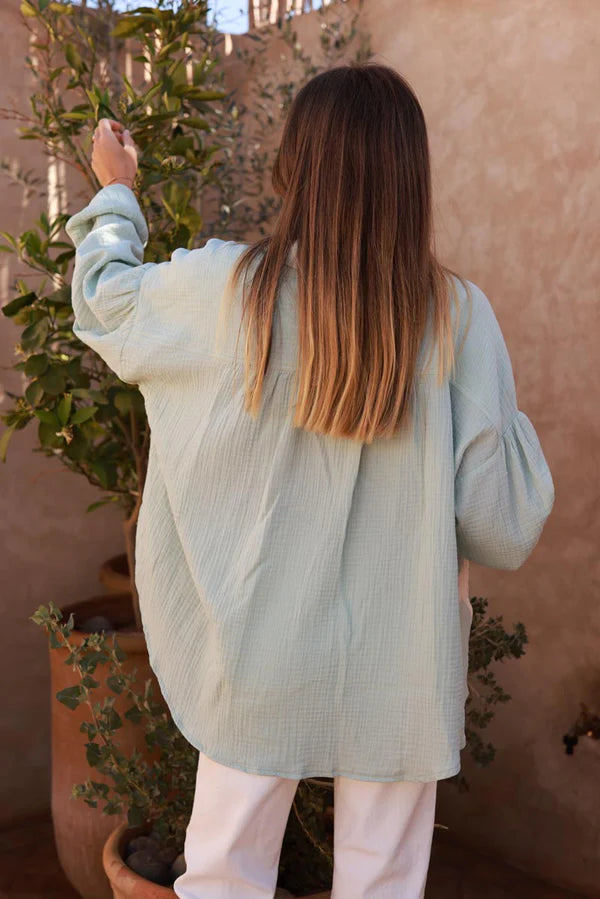 Water Green Cotton Gauze Textured Palm Blouse