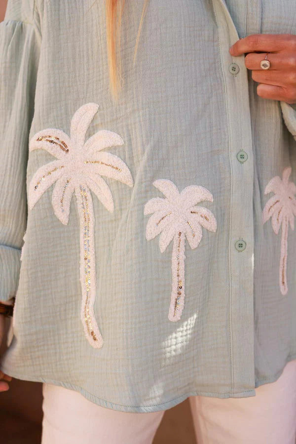 Water Green Cotton Gauze Textured Palm Blouse