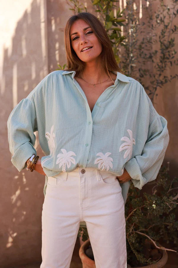 Water Green Cotton Gauze Textured Palm Blouse