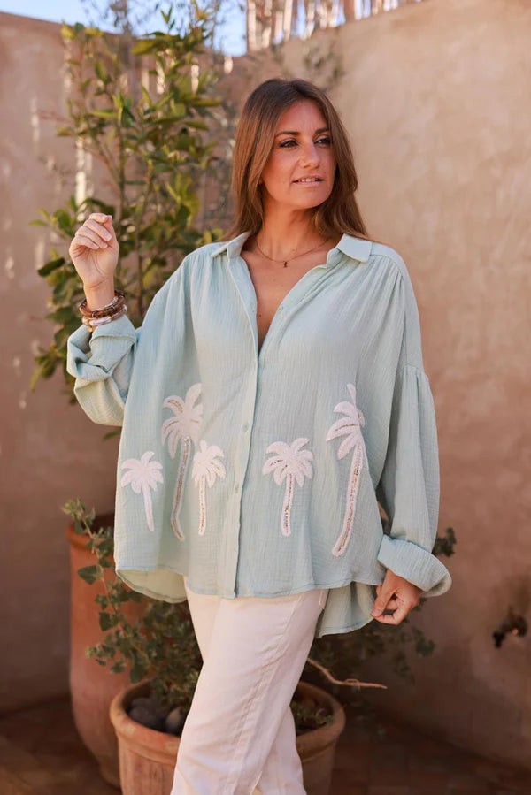 Water Green Cotton Gauze Textured Palm Blouse