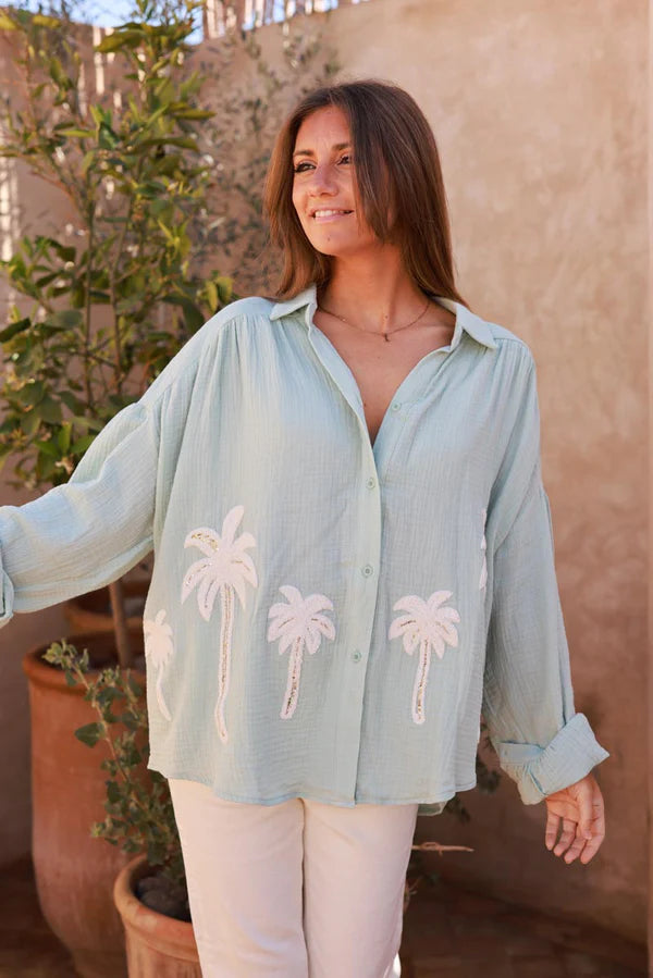 Water Green Cotton Gauze Textured Palm Blouse